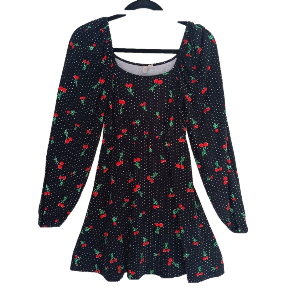 Asos Dress Skater Size 0 Cherry Print Dress Long Sleeve Square Chest and Back‎